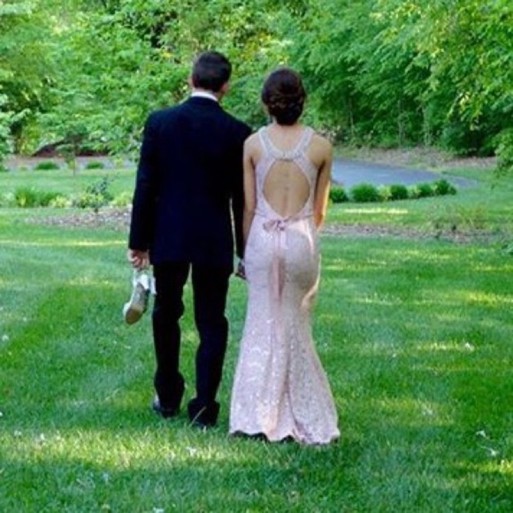 Pink lace halter neck fitted mermaid prom dress